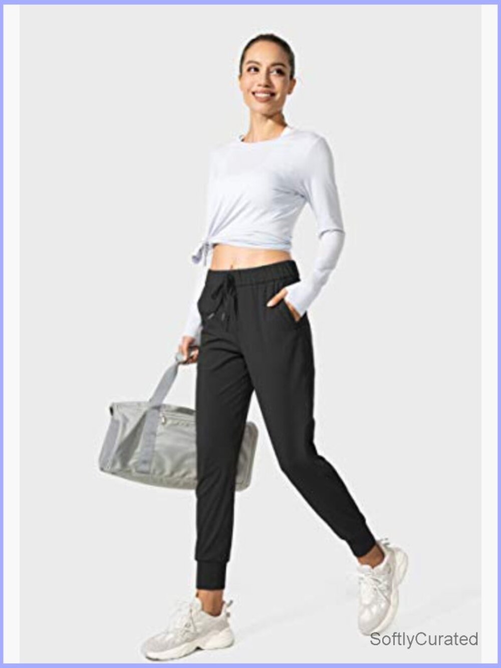High Rise Tapered Track Pants with Pockets, Drawstring Cuffed Joggers for - Picture 5 of 7